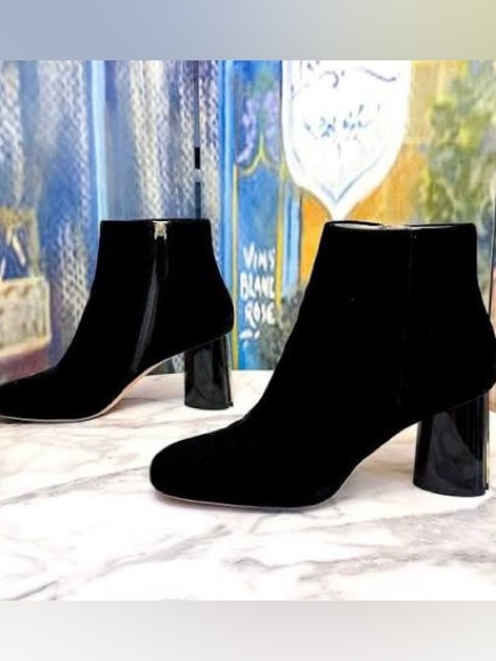 Kate Spade Black Velvet Ankle Booties with Crystal-Studded Block Heels - Picture 10 of 12